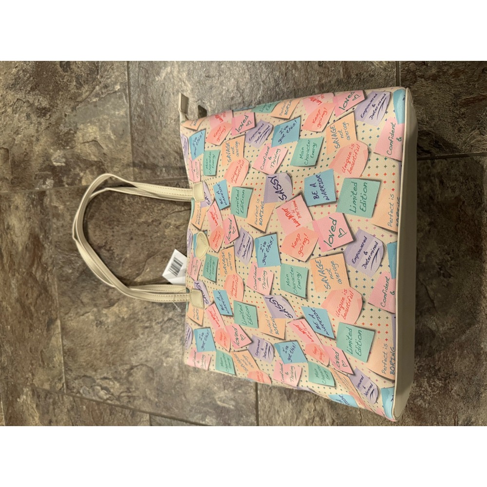 NWT‎ Betsy Johnson Tote Bag Multi Color Post It Note Print Zipper Top Straps - Picture 10 of 10